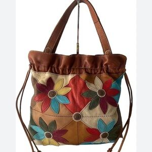 Lucky Brand Floral Hobo Leather Drawstring Tote Shoulder Bag